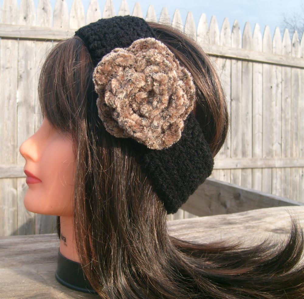 Flower Headband, Black, Hippie, Crochet