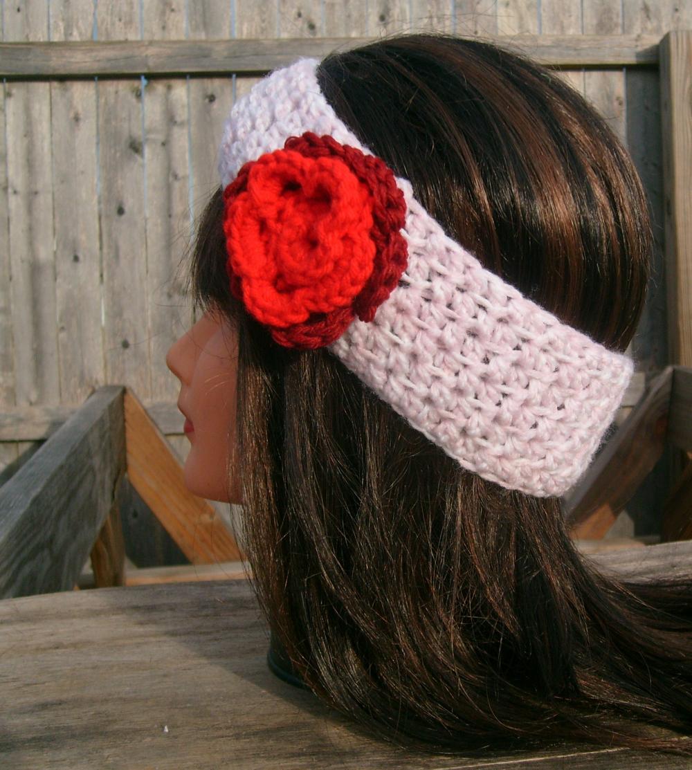 Crochet Headband, Pink, Flower, Hippie, Hair Band